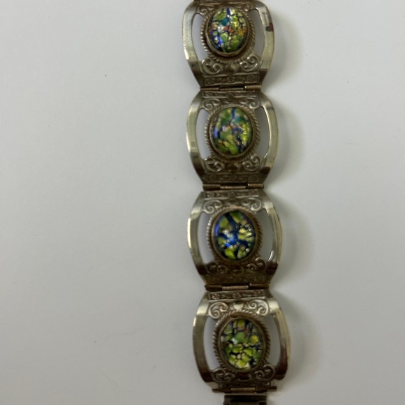 Vintage Hecho En Mexico Silver Bracelet with Green Faux Opal Abalone Inlays - Picture 3 of 7